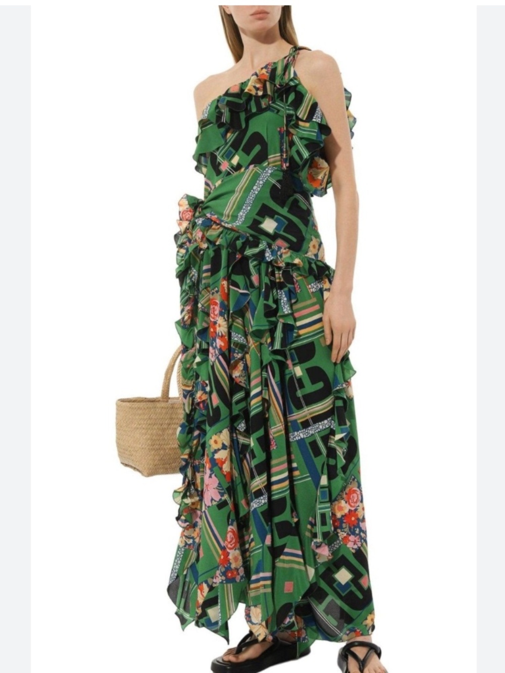 Gucci Floral Check-Print Ruffled Silk-Crepe Dress 'Green/Black'